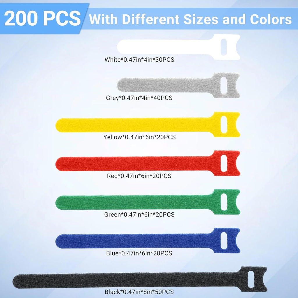 200 PCS Cable Ties Reusable 4+6+8inch Multi-Colour Cord Organizer for Cable Management Multi-Purpose Cable Straps Wire Ties Cable Management for Home Office Computer Data Centers Electronics,7 Colors