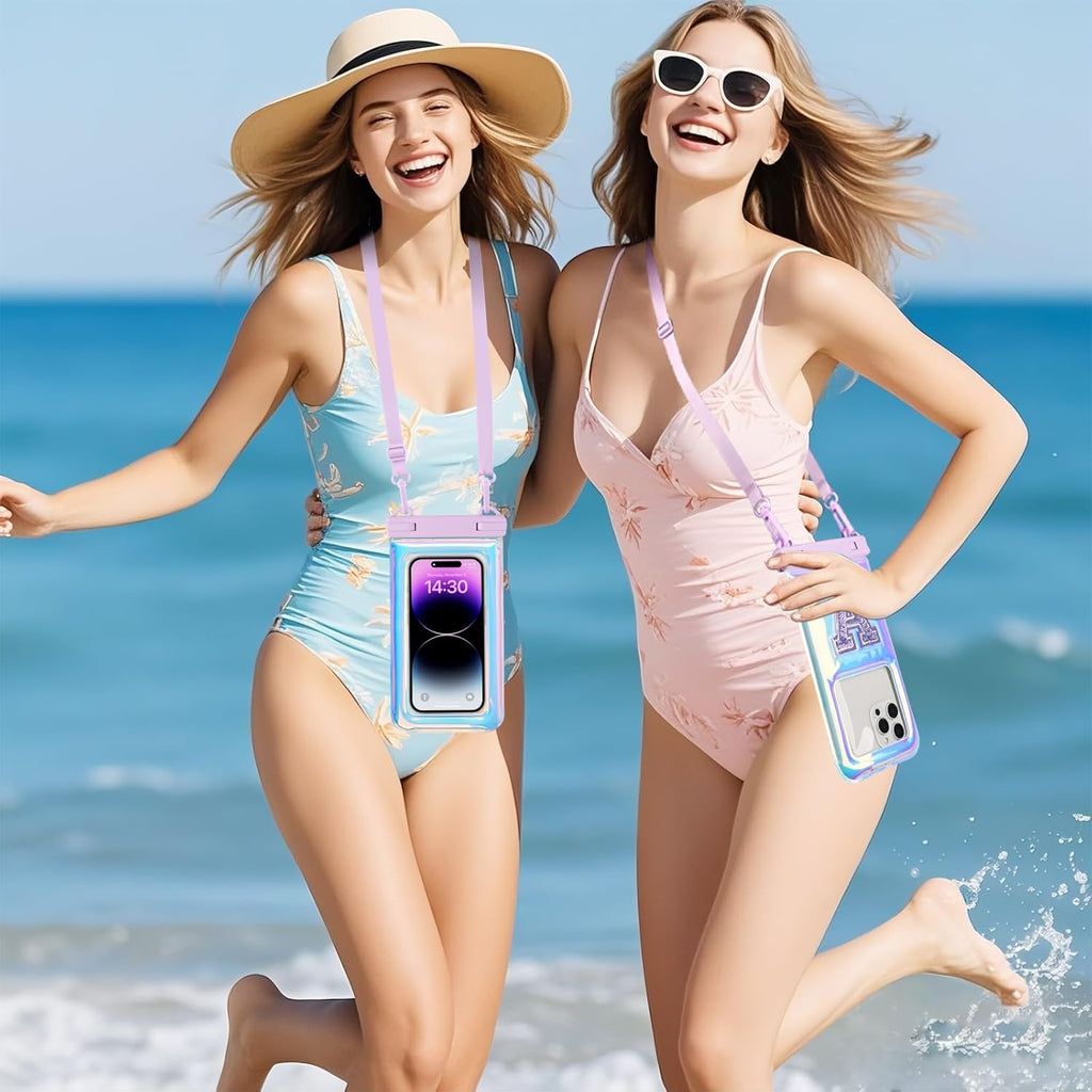 Waterproof Phone Pouch Floating, IPX68 Waterproof Phone Case with Lanyard for iPhone 16 15 14 13 12 Pro Max Samsung S25 S24 S23 S22, Up to 7 Inch, Beach Vacation Essentials, Sparkling Purple Letter