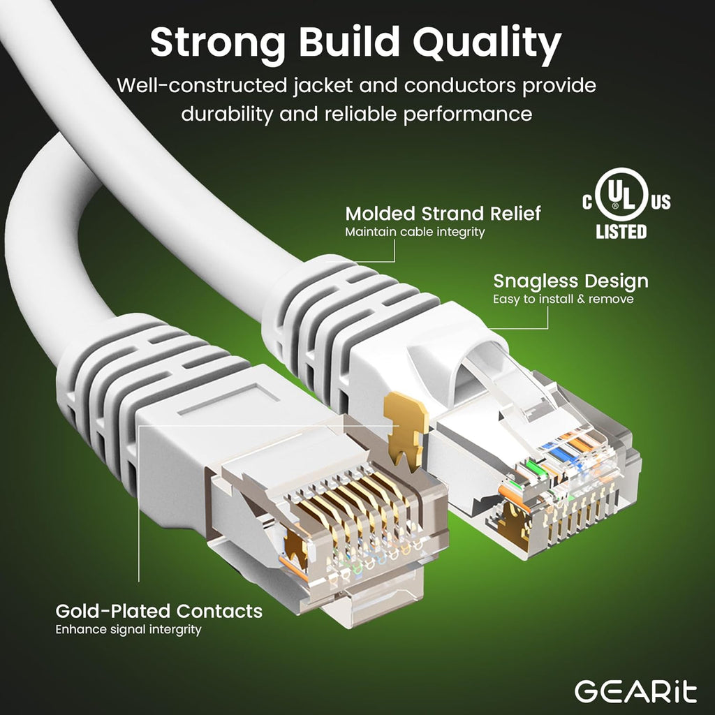 GEARit Cat 6 Ethernet Cable (100-Pack 2 Feet) Cat6 Network Patch, 10Gbps, RJ45, Snagless Cord, Gold-Plated Connectors, Internet for PC, TV, Tablet, Router, Printer, Servers, IT Data Center - White
