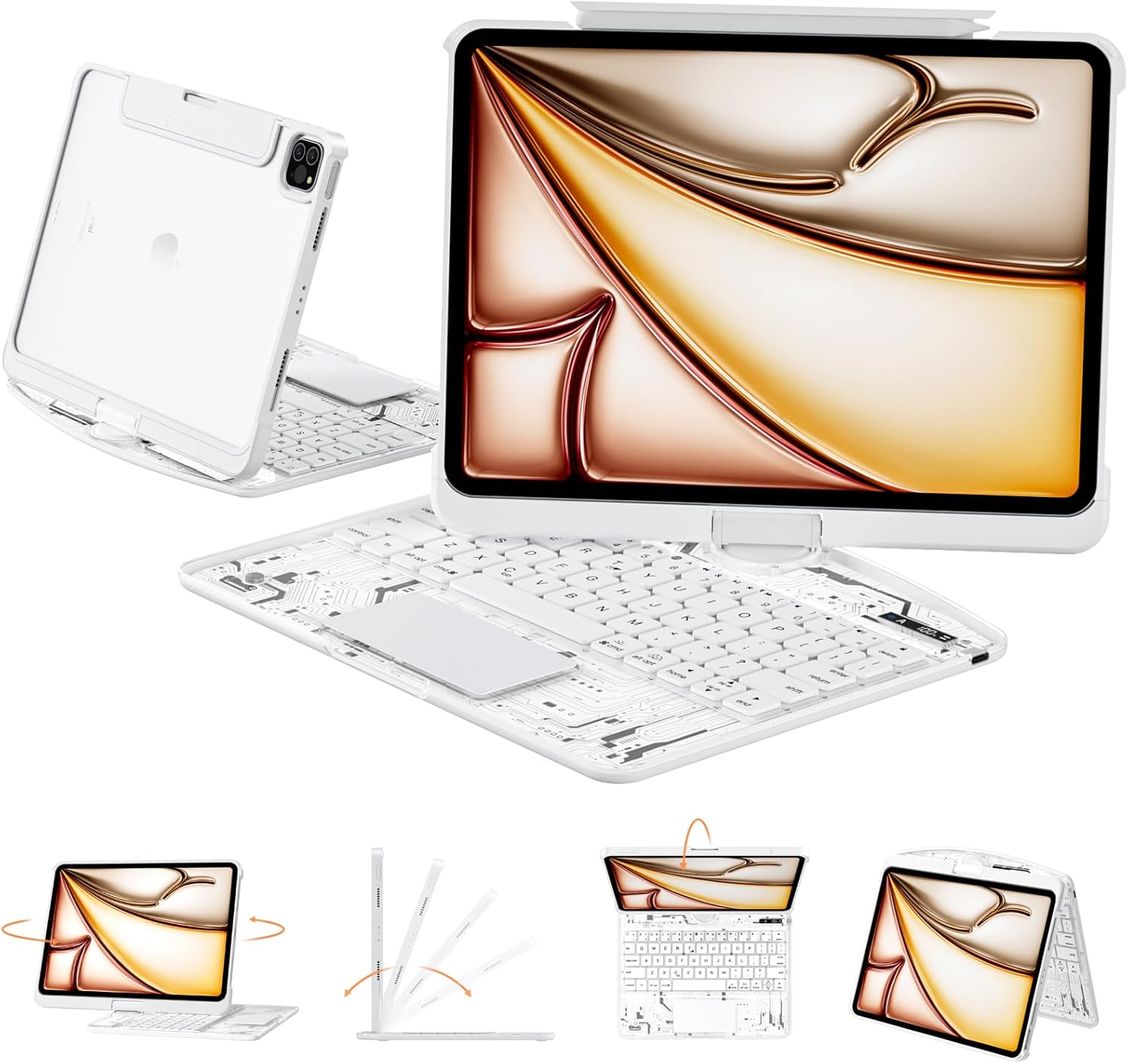 Transparent Case with Keyboard for iPad 11th Gen 11 Inch.(A16, 2025) & 2022 iPad 10th Gen 10.9 Inch,7-Color Backlit,Wireless Keyboard, 360°Rotating,with trackpad,Pencil Holder,with Shortcuts,White