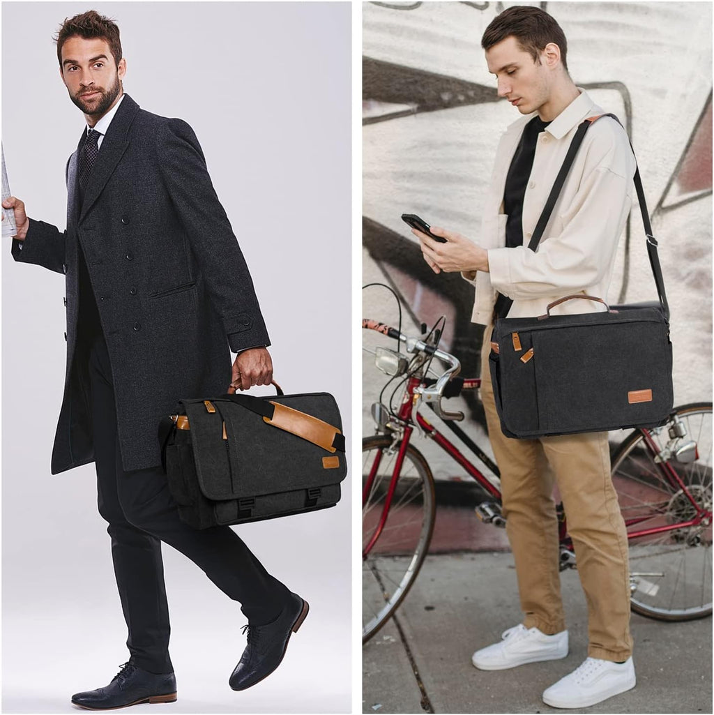 ESTARER Messenger Bag 17-17.3 Inch, Men's Computer Bag Water-resistant Canvas, Teacher Laptop Satchel for Work Office College, Dark Grey