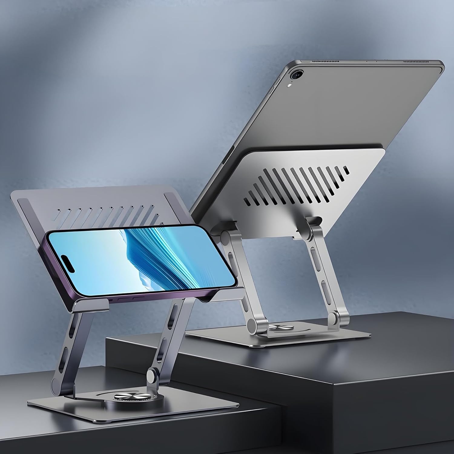 GuaziV 360° Rotating Tablet Stand - Adjustable iPad Tablet Holder for Desk, Foldable iPad Swivel Stand for Home & Office (Argent Silver)