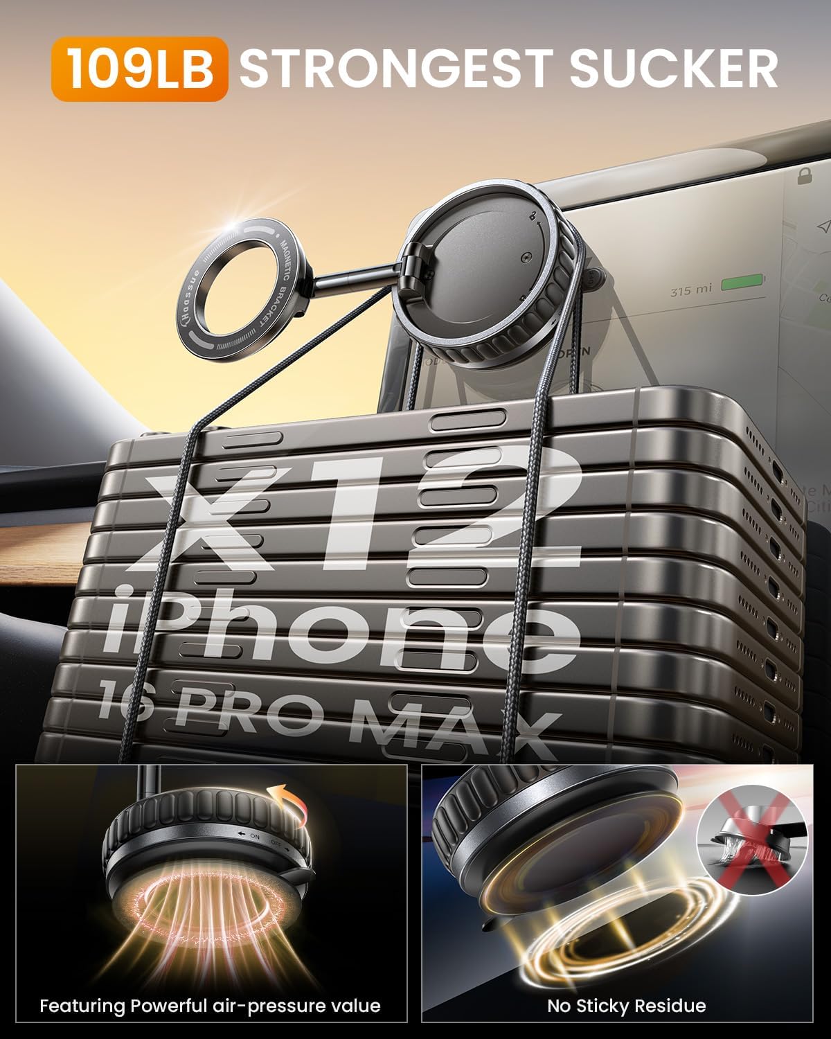 2026 Upgraded Vacuum Suction Cup Phone Mount for Magsafe [109+LBS Strongest Suction], 360° Adjustable Foldable Vacuum Magnetic Phone Holder for Car [24 N55 Stronger Magnets], for iPhone 16/15/14/13/12
