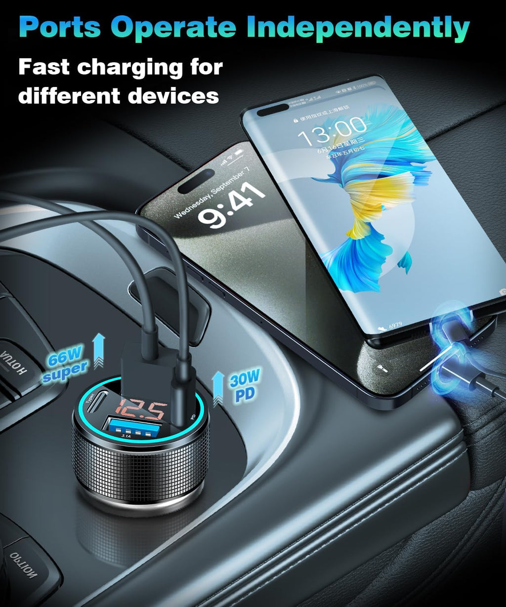 66W USB C Car Charger 4 Port Car Charger Adapter with 30W PD, 3.1A Aluminium Alloy Car Cigarette Lighter USB Charger with LED Voltmeter Compatible with Phone 15 14 13