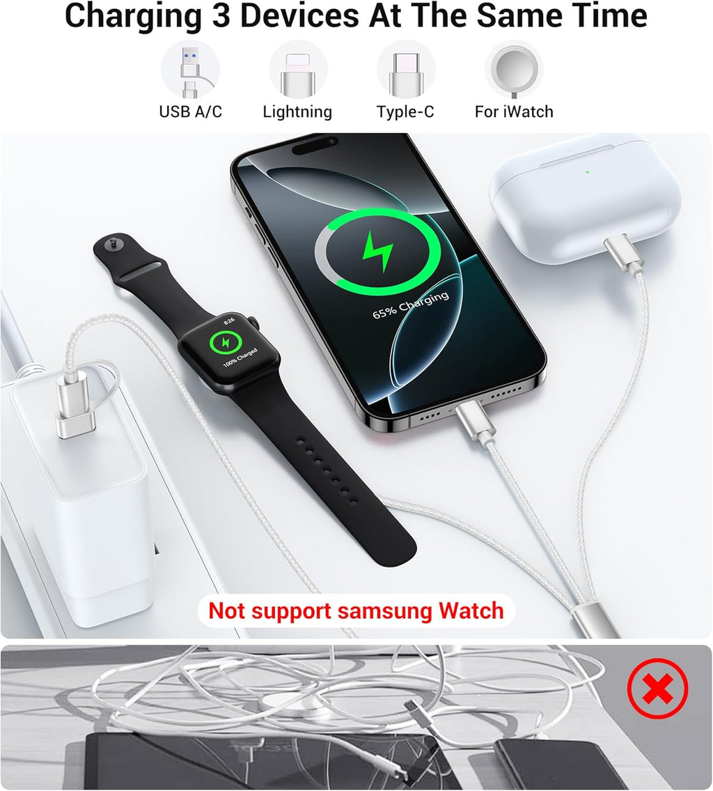 Temdan for Travel Vacation Essentials,3 in 2 USB C Cable for Apple Watch Charger/iPhone 16 Charger/Lightning,Multi Charging Cable Cord,Camping Essentials,Designed for iWatch &iPhone 16-12-4FT White