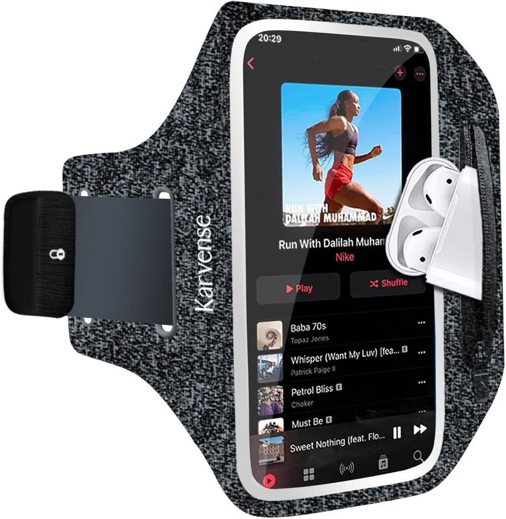 Running Phone Holder, Arm Band for Running for iPhone & Samsung Galaxy, Cell Phone Armband Holder for Walking, Gym, Workout, Men, Women, w/Adjustable Strap & Zipper Pocket (Black Heather-L)
