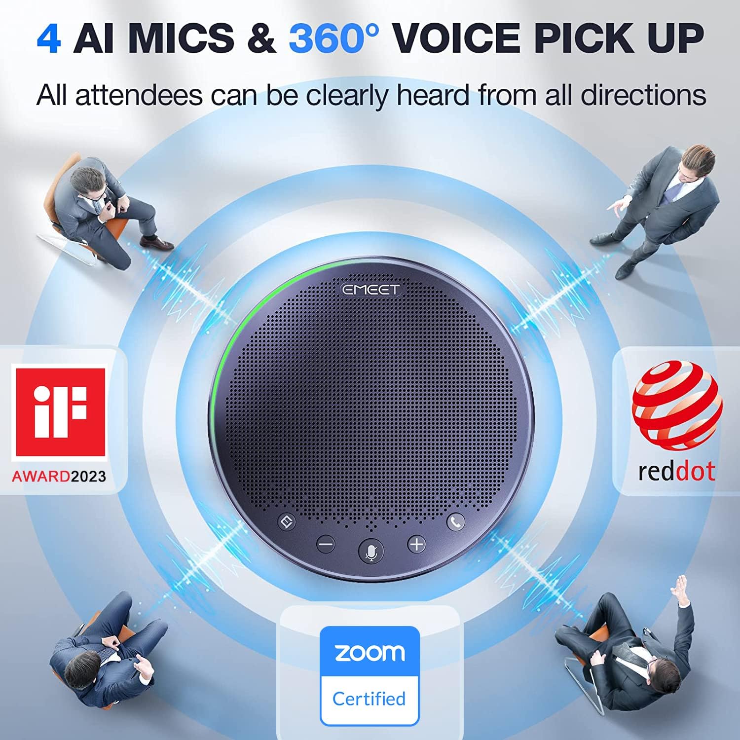 EMEET Bluetooth Speakerphone M3, Zoom Certified 4 AI Mics 360°Voice Pickup 18H Talk Time Conference Speaker and Microphone, USB/Bluetooth Conference Speaker w/Daisy Chain for 20 People for Zoom Teams