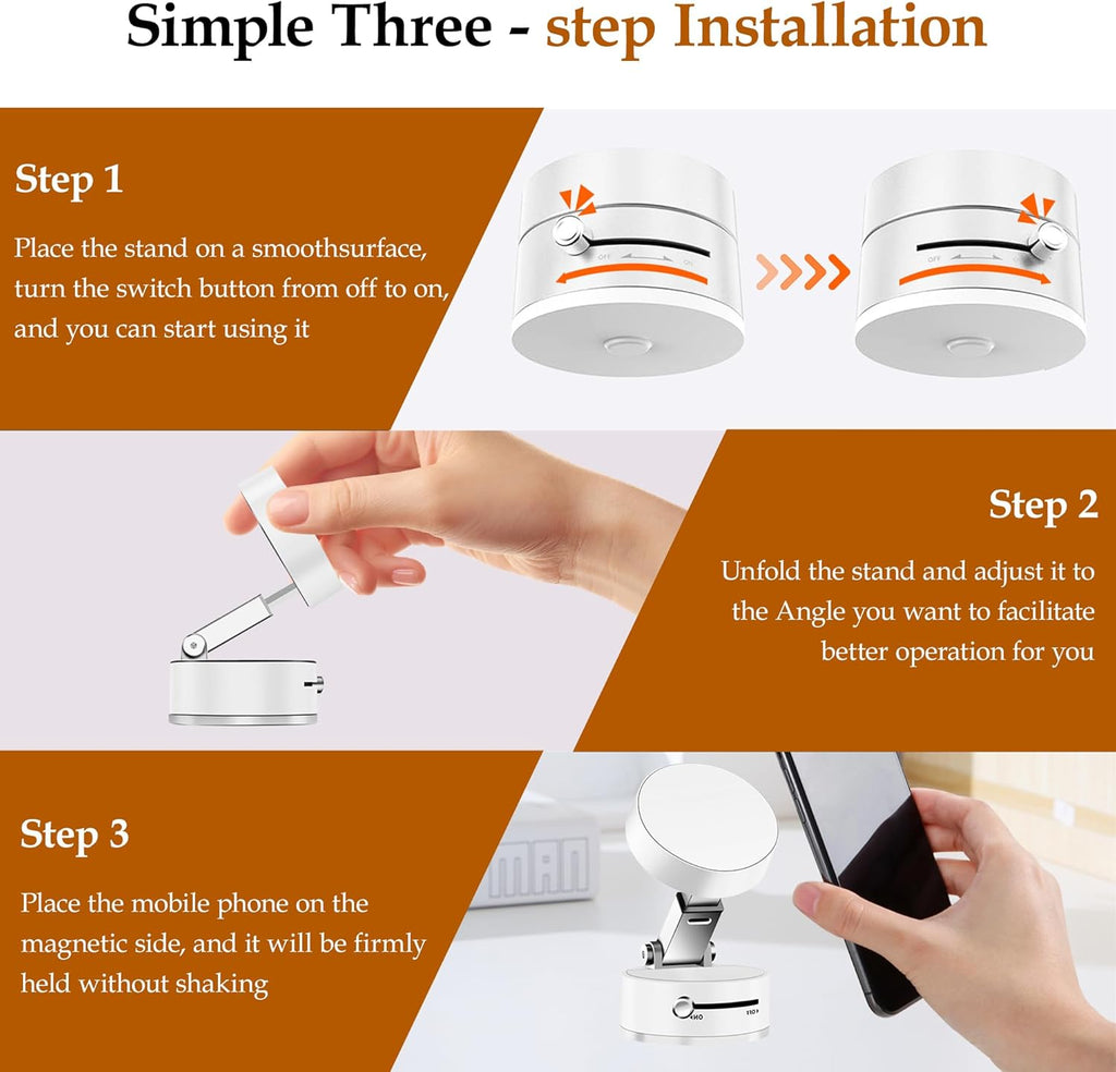 Foldable Vacuum Magnetic Suction Phone Holder,Retractable Magnetic Car Cellphone Holder,Hands-Free Portable Multifunctional Vacuum Suction Phone Mount for Car, Mirror, Gym, Kitchen (White)