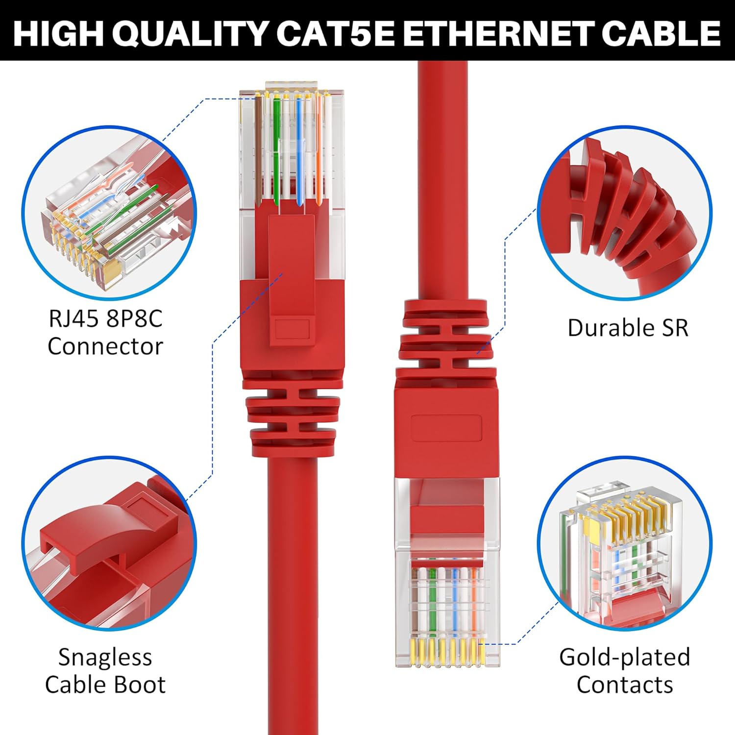 Cat5e Ethernet Cable 200 FT, Cat 5e Internet Cable, Red Snagless Patch Cord, Flexible, Network, LAN, PoE, Standard RJ45 Connector for PC, Server, Router, Modem, TV, PS5 - with 15 Cable Ties