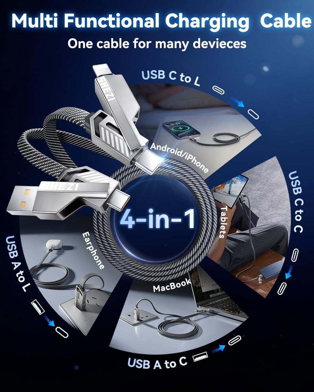 [One is Enough] 4-in-1 Compatible with USB C to Lightning Cable, 45W High-Speed Charging & Fast Data Transfer,CarPlay & Android Auto Support Multi Charger Cord Combo for iPhone/Samsung/iPad,10FT