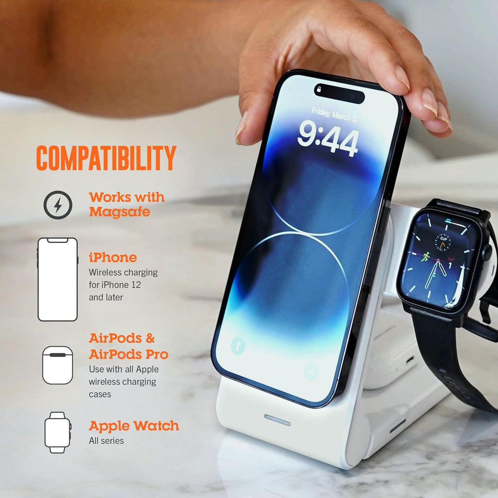 STM ChargeTree Mag: 3-in-1 MagSafe Wireless Charging Station for iPhone 16, 15, 14, 13, & 12 Series, Apple Watch, and AirPods - Foldable and Space-Saving Dock - White