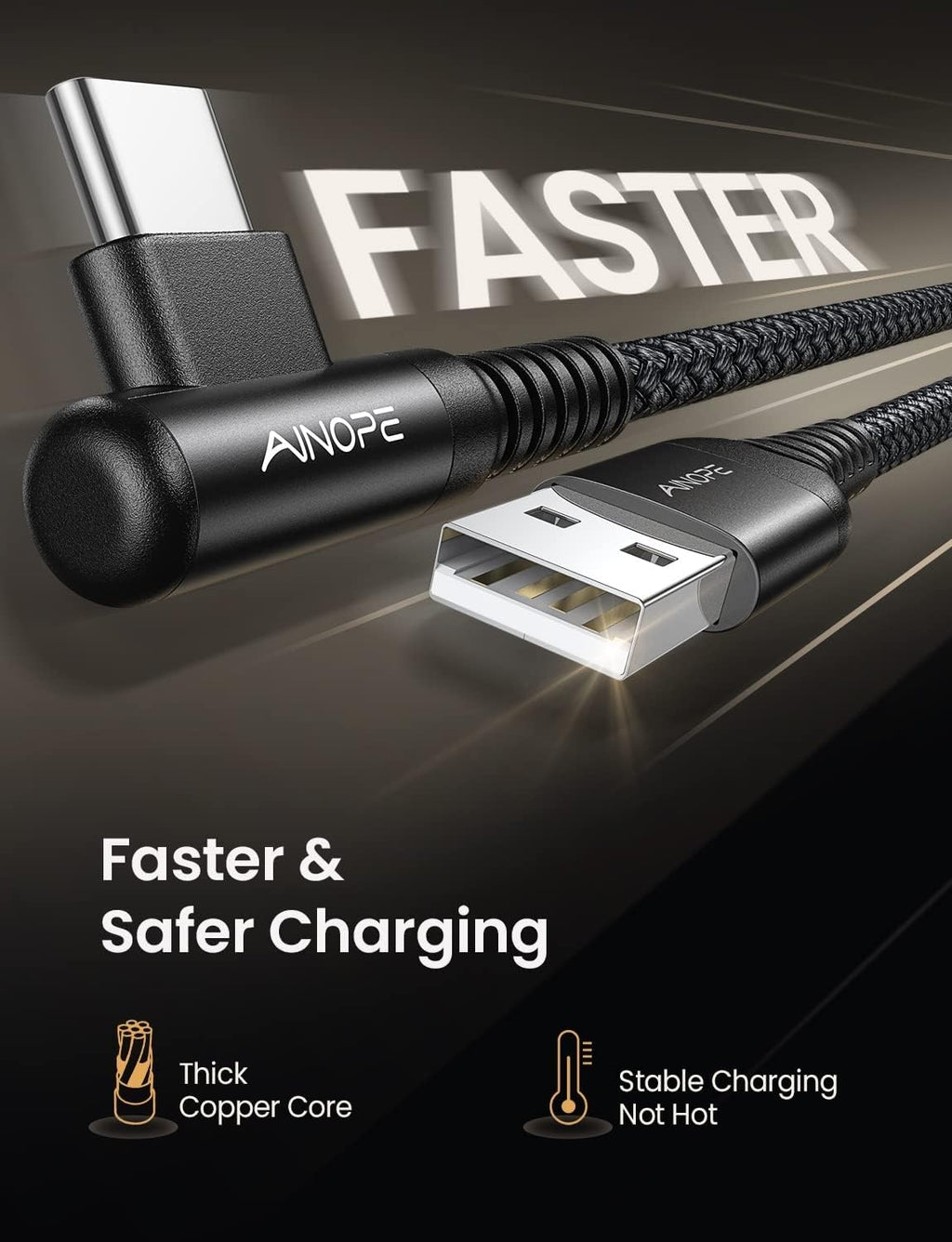 AINOPE Right Angle USB Type C Cable [3-Pack 3.3ft/6.6ft/10ft] 3.1A Fast Charging USB to USB C Cable, Nylon Braided USB C Charging Cable Compatible with Galaxy S21+ Ultra, iPad mini/Air/Pro, Pixel 6X