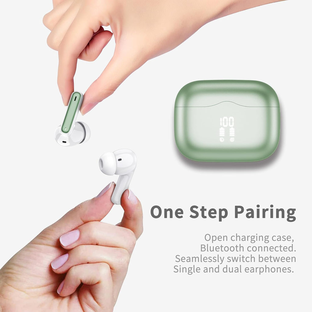 Wireless Earbuds, Bluetooth 5.4 Headphones in Ear with 4 ENC Noise Cancelling Mic, New Wireless Earphones HiFi Stereo Deep Bass 40H Playtime, in-Ear Bluetooth Earbuds LED Display IP7, USB-C, Green