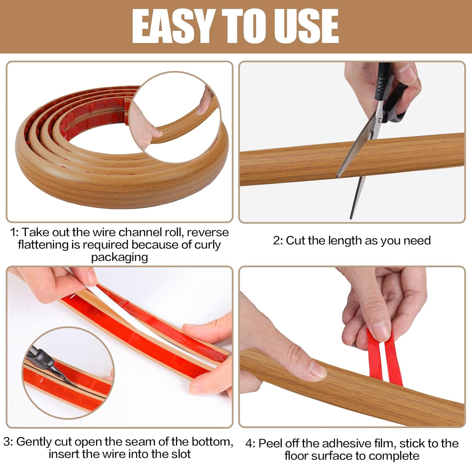 Floor Cord Cover Self Adhesive Cord Hider,20FT Cable Management, Extension Strip Protector for Wires, Prevent Cable Trips for Offices, Gyms, Exhibitions Cavity:0.39"(W) x 0.27"(H) Brown Wood