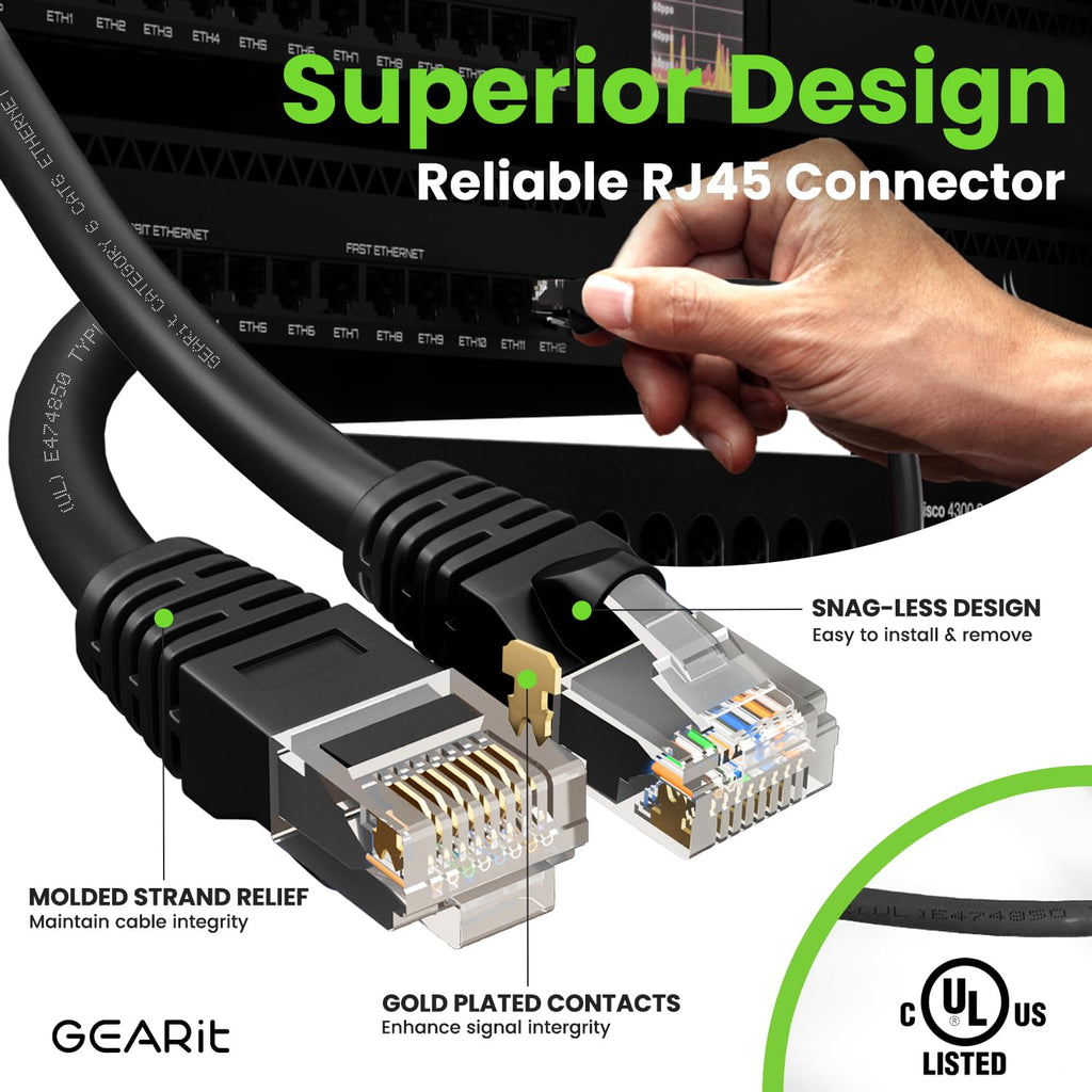 GEARit Cat 6 Ethernet Cable Pack - 10-Pack 3 ft Cat6 Ethernet Patch Cables | RJ45 Network Patch Cable, 10 Gbps Snagless Gold-Plated Connectors - Ethernet Cable Cat 6 for PC, TV, Router - Black