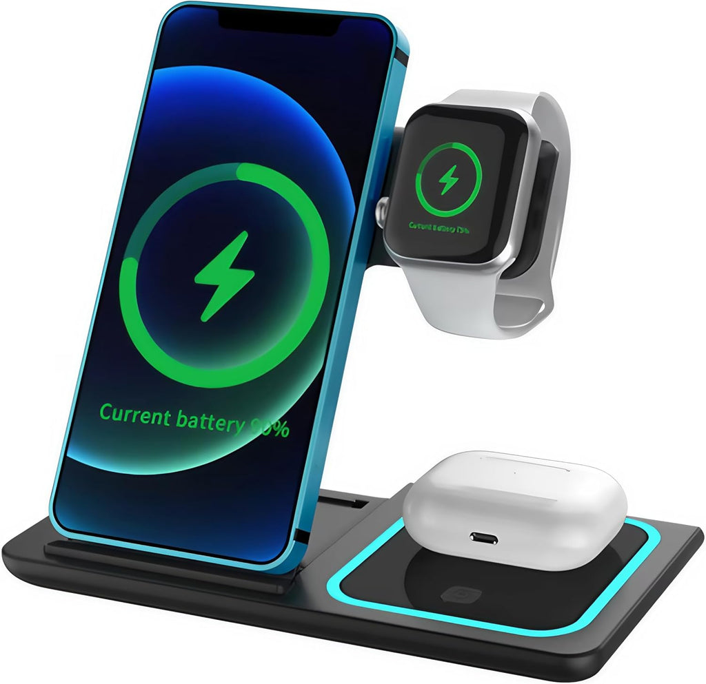 2025 Traveling Portable Wireless 3-in-1 Charger for iPhone 16/15/14/13/12/11, Apple Watch 10/9/8/7/6/5/4/3/2/SE/Ultra/Ultra 2, AirPods 2/3/4/Pro – Compact & Stylish Black Dock.