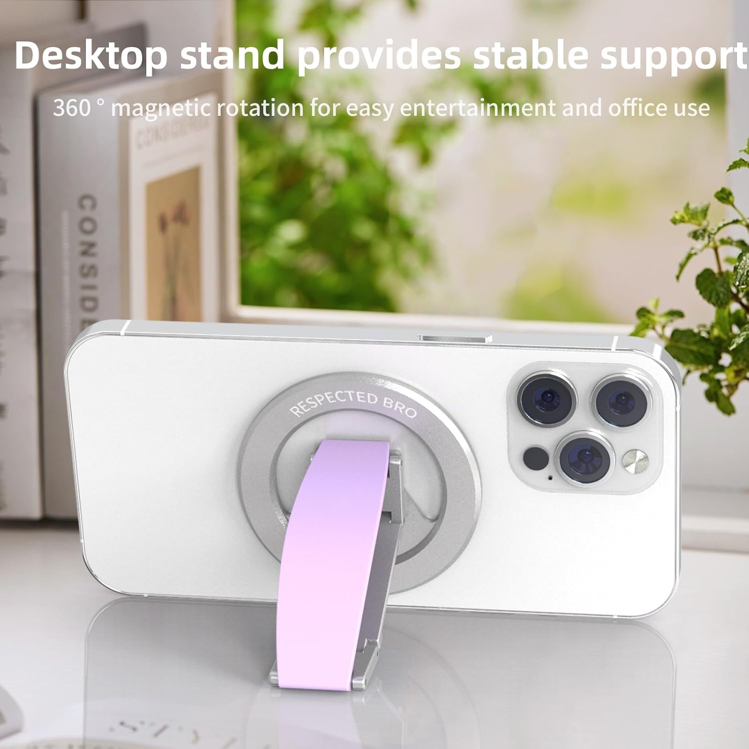 RESPECTED-BRO-Magnetic-Phone-Grip-Stand, Magnetic Phone Ring Holder Kickstand with Silicone Finger Strap, Compatibility for iPhones, Androids, and More (Purple)