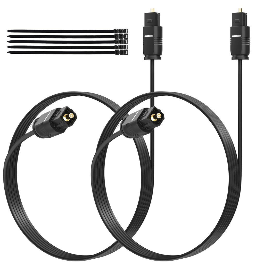 Adoreen Ultra-Thin Slim Digital Optical Audio Cable 10 FT/2 Pack, Fiber Optic Toslink SPDIF Cord Gold-Plated High-Speed Flexible & Durable for TV Soundbar Home Theater Game Console PS4 Xbox +Ties