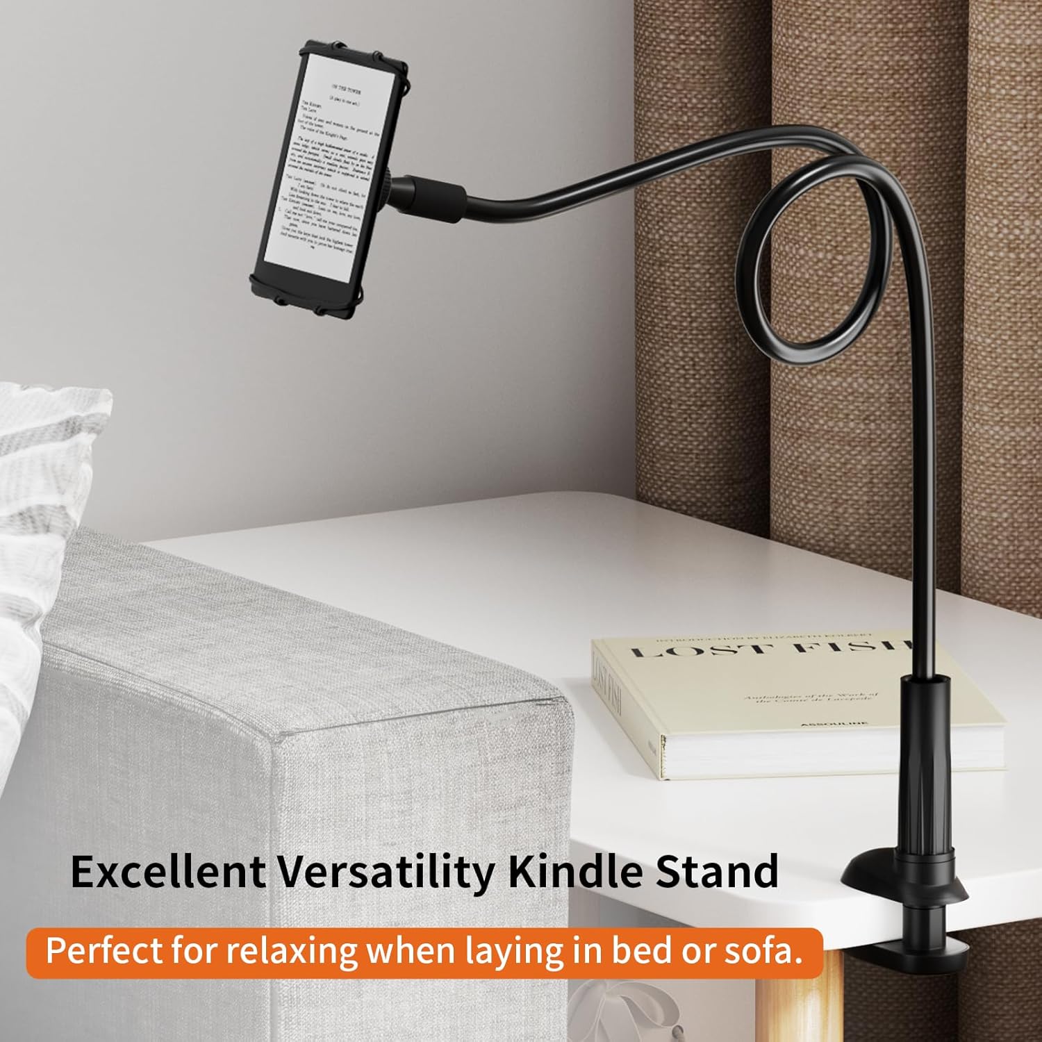 Gooseneck Kindle Holder for Reading in Bed - [Anti-Slip] Phone Holder for Bed, Kindle Paperwhite Stand Accessories, Overhead Cell Phone Clamp Mount for Desk, for Tablets 4-10 inches