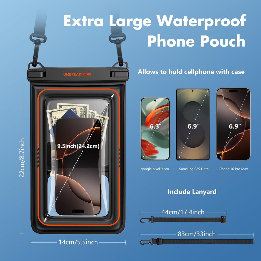 UNBREAKcable [UP to 9.5" Extra Large Waterproof Phone Pouch Floating [Sponge Cushion] IPX8 Phone Case Dry Bag for iPhone 16 15 14 Pro Max Samsung S25, Travel Kayaking Beach Essentials - 2 Pack Black