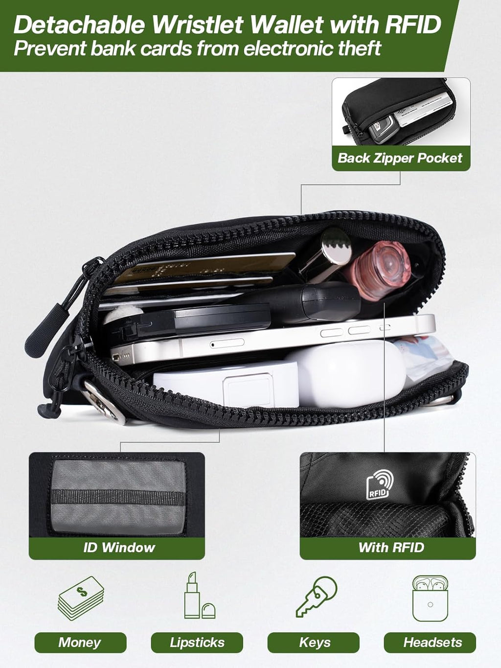 Clip and Go Strap for Phone with Wallet Crossbody Phone Lanyard Adjustable and Detachable RFID Wristlet Wallet with ID Window and Zipper, Black(L)