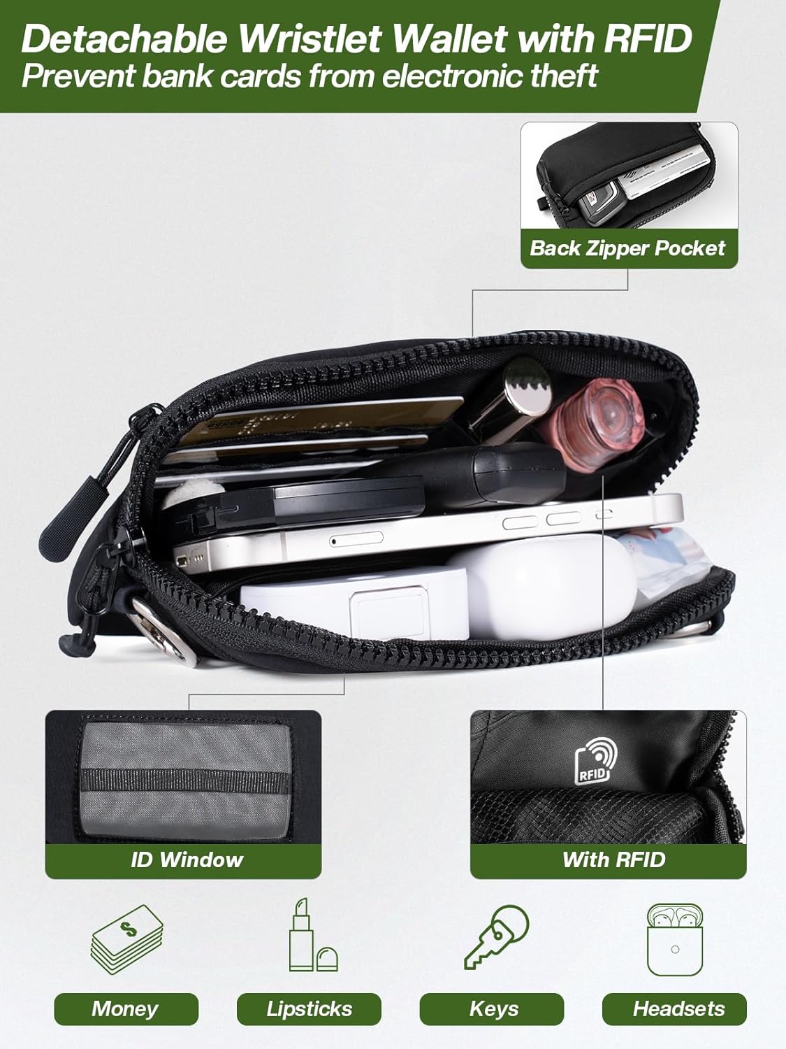 Clip and Go Strap for Phone with Wallet Crossbody Phone Lanyard Adjustable and Detachable RFID Wristlet Wallet with ID Window and Zipper, Black(L)