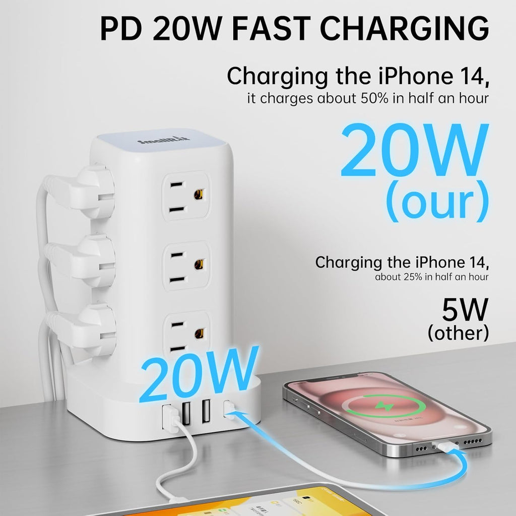 PD20W Power Strip Tower Surge Protector Power Strip with USB 12 Outlets with 4 USB Ports (1 USB C), Flat Plug 10FT Extension Cord Multi Plug Outlet Extender Overload Protection for Home Office