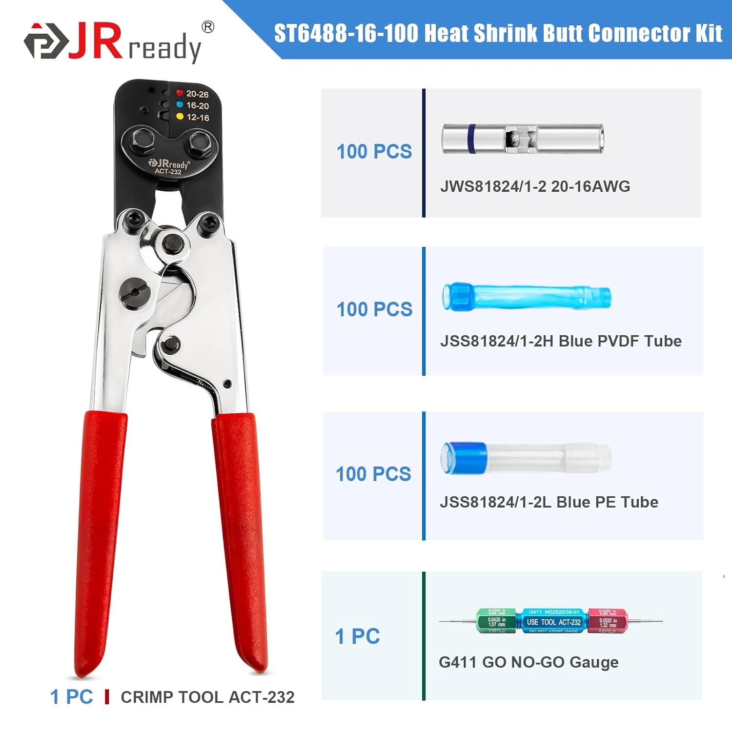 JRready M81824/1 Series Waterproof Heat-Shrinkable Splice Kit 100 Sets 20-16AWG Environmental Butt Splice with PVDF Tubes with ACT-232 Crimp Tool G411 Go-No Go Gauge ST6488-16-100