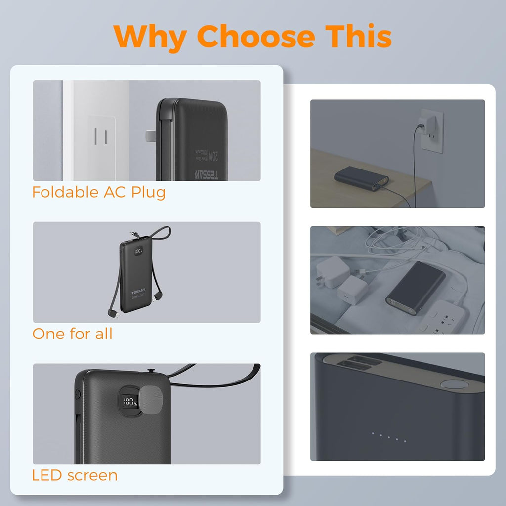 TESSAN Portable Charger with Built in Cables, 10000mAh Power Bank Fast Charging with Foldable AC Plug, 20W Compact Battery Pack Travel Essentials for iPhone 16/15 Series, Samsung, Tablets, Black