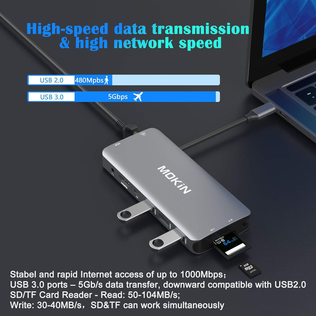 USB C Hub Multiport Adapter - 10 in 1 Portable Dongle with 4K HDMI, VGA, Ethernet, 3 USB Ports, Audio, PD Charger, SD/Micro SD Card Reader Compatible for MacBook Pro, XPS More Type C Devices.