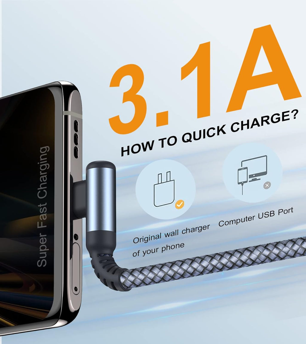USB C Cable Right Angle [2-Pack, 1.5FT+1.5FT], USB Type C iPhone 16 Charger Cable Nylon Braided Cord for iPhone 15 16 Pro Max Plus Samsung Galaxy S25 S24 S23 S22 S21 S10 S9 S8 Note 20 10 9 8,Moto,PS5