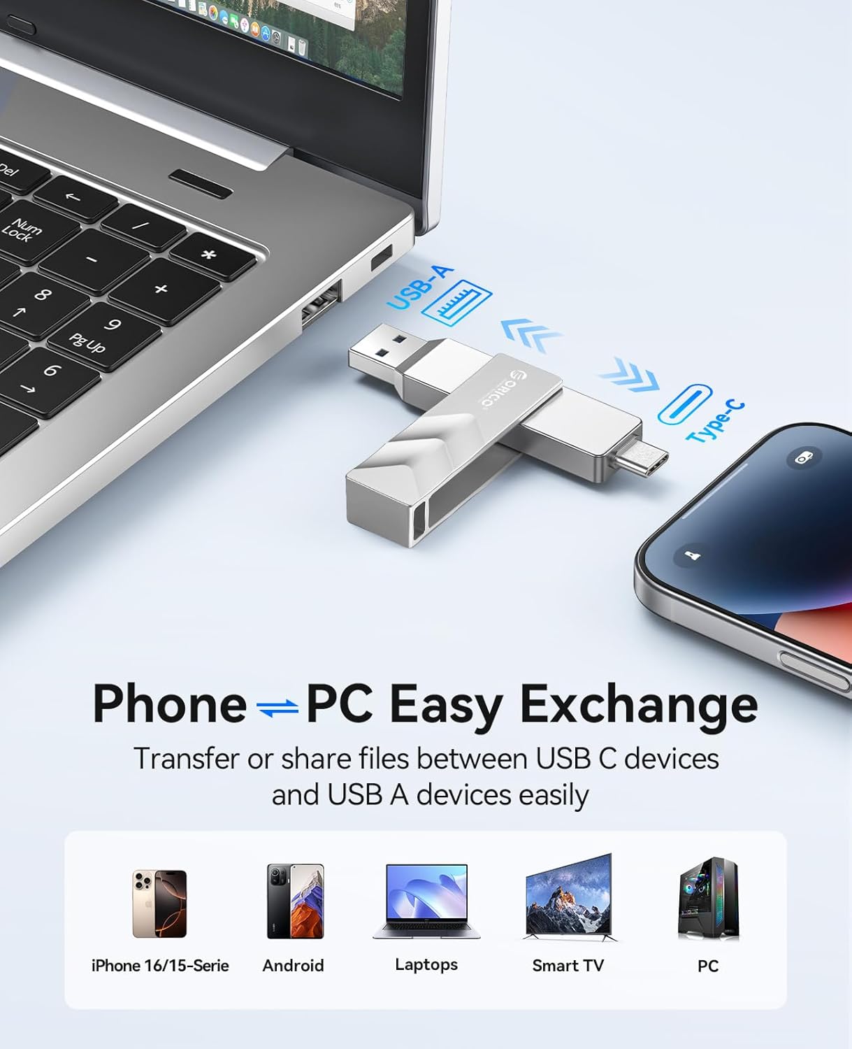 ORICO 1TB Portable Solid State Drive, 1050MB/s Dual-Port Rotating Metal External SSD with 90° Click-Stop, Reliable Storage for iPhone 16, 15 Series, Type-C Smartphone, Mac, Audio, Vehicle - A101