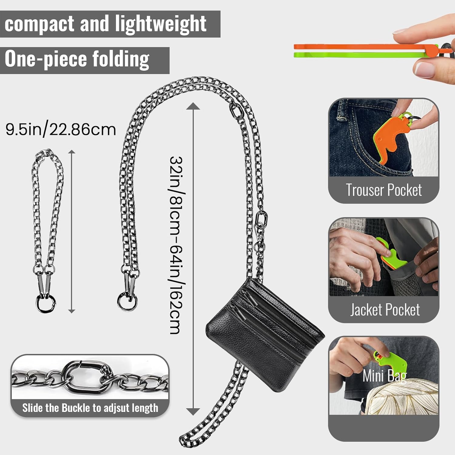 Clip and Go Strap for Phone Gun Metal Chain with Black Pouch Wallet Crossbody Phone Lanyard for Women with Cell Phone Stand Holder 2 Patches Tether Adjustable Anti Theft for iPhone 16 15 14 All Phones