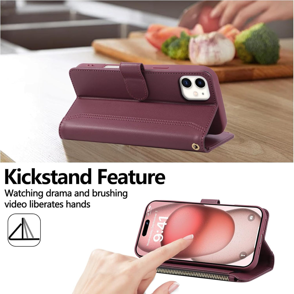 Compatible with iPhone 11 Wallet Phone Case-PU Leather Magnetic Flip Cover with Credit Card Slots,Zipper Pocket & Detachable Wrist Strap,Shockproof Design,for Women and Men-Claret