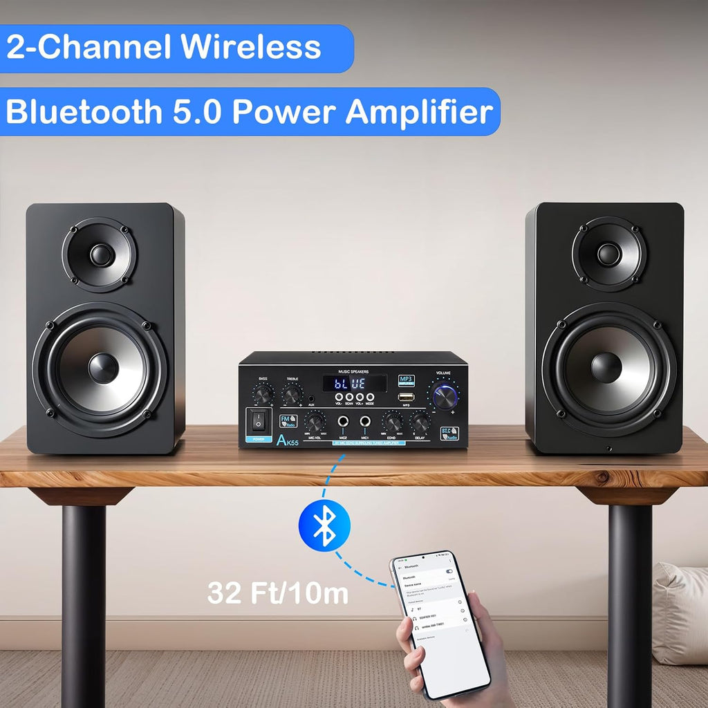 AK55 Stereo Amplifier Home Audio, Bluetooth 5.0 Max 450W Power Stereo Receivers 2.0 Channel Audio Amplifier for Speaker W/Remote Control/AUX/RCA/Echo/USB/2 MIC in for Home Party, Karaoke