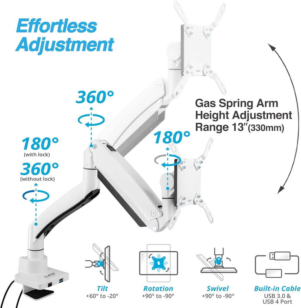 AVLT Single 17"-57" Super Ultrawide Monitor Arm for Screens Up to 59.5 lbs, Premium Aluminum Desk Stand, Adjustable Pneumatic Height, Full Motion Swivel Tilt Rotation, USB-C & USB-A Ports, White
