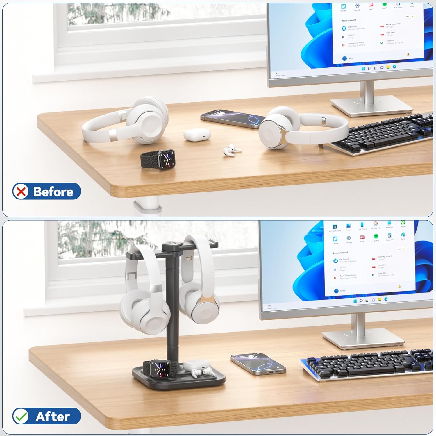 KDD Dual Headphone Stand for Desk - Rotatable Headset Hanger with Phone Holder - Removable Non-Slip Base for Gamers Desktop Accessories