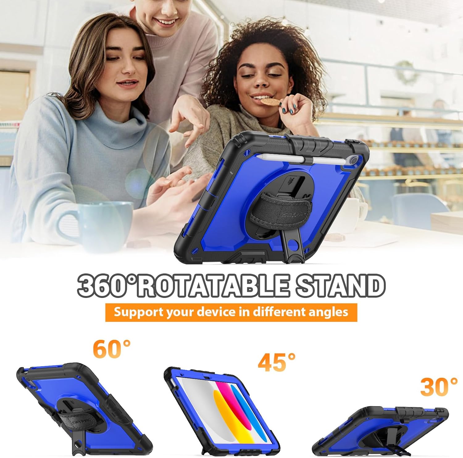 SEYMAC Case for iPad (A16) 11th/10th Generation 2025/2022 (11″/10.9″), Heavy Duty Full-Body Shockproof Protective Case with Screen Protector, Rotating Stand, Hand/Shoulder Strap, Black/Dark Blue