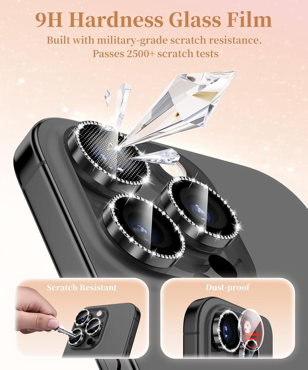 GolbinBox Camera Lens Protector for iPhone 16 Pro Max/16 Pro, 1:1 Invisible Fit, 9H Tempered Glass Ultra HD Metal Individual Camera Cover Screen Protectors for Women, Case Friendly, Bling/Black