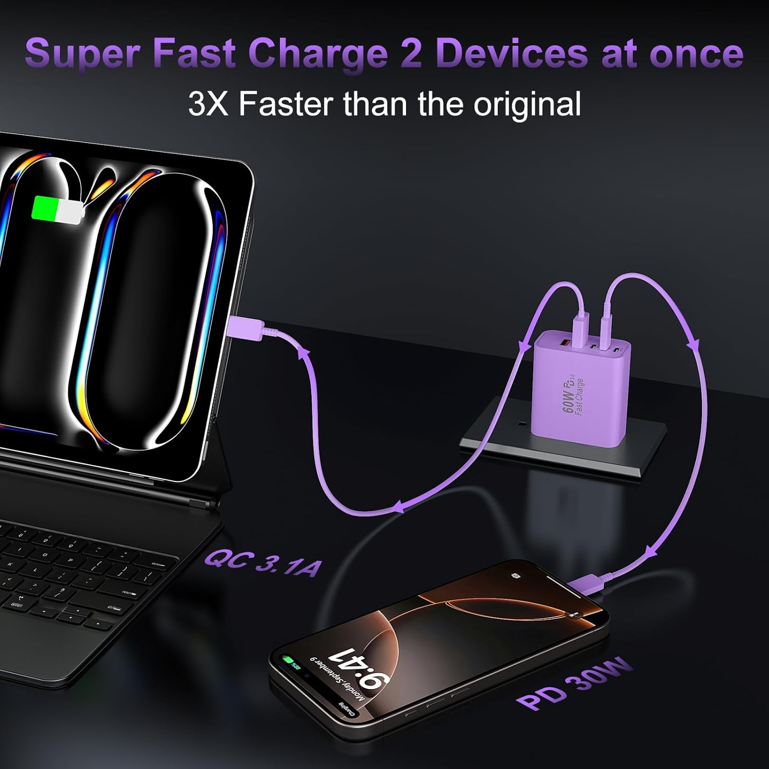 USB C Fast Wall Charger Block, 2Pack 60W USBC Charging Cubes, 5-Port PD+QC Power Adapter Multiport Brick Type C Box Plug for Phone 16/15/14/13/12/11/Pro Max/Plus, Pad Mini/Pro/S25/S24-Purple