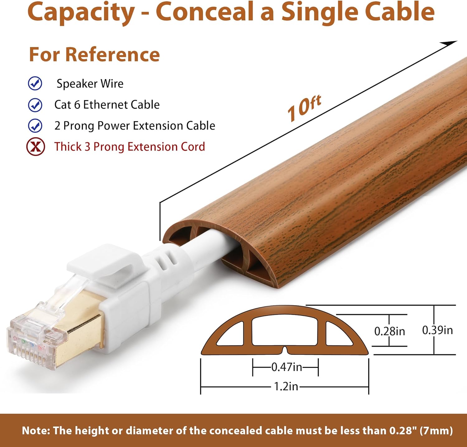 Floor Cord Cover 10ft, Cord Hider Floor Brown Walnut Wood, Floor Cable Management Prevent Cable Trips, Floor Cable Cover Wire Covers for Power Cords, Cord Protector Cord Cavity W0.47in H0.28in