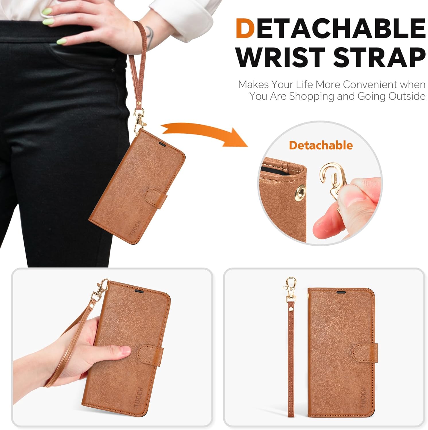 TUCCH Wallet Case for Galaxy S25 Ultra, Removable 2 in 1 RFID Blocking [4 Card Slots] Wrist Strap [Wireless Charging] Kickstand PU Leather Magnetic Detachable Folio Cover for Galaxy S25 Ultra, Brown