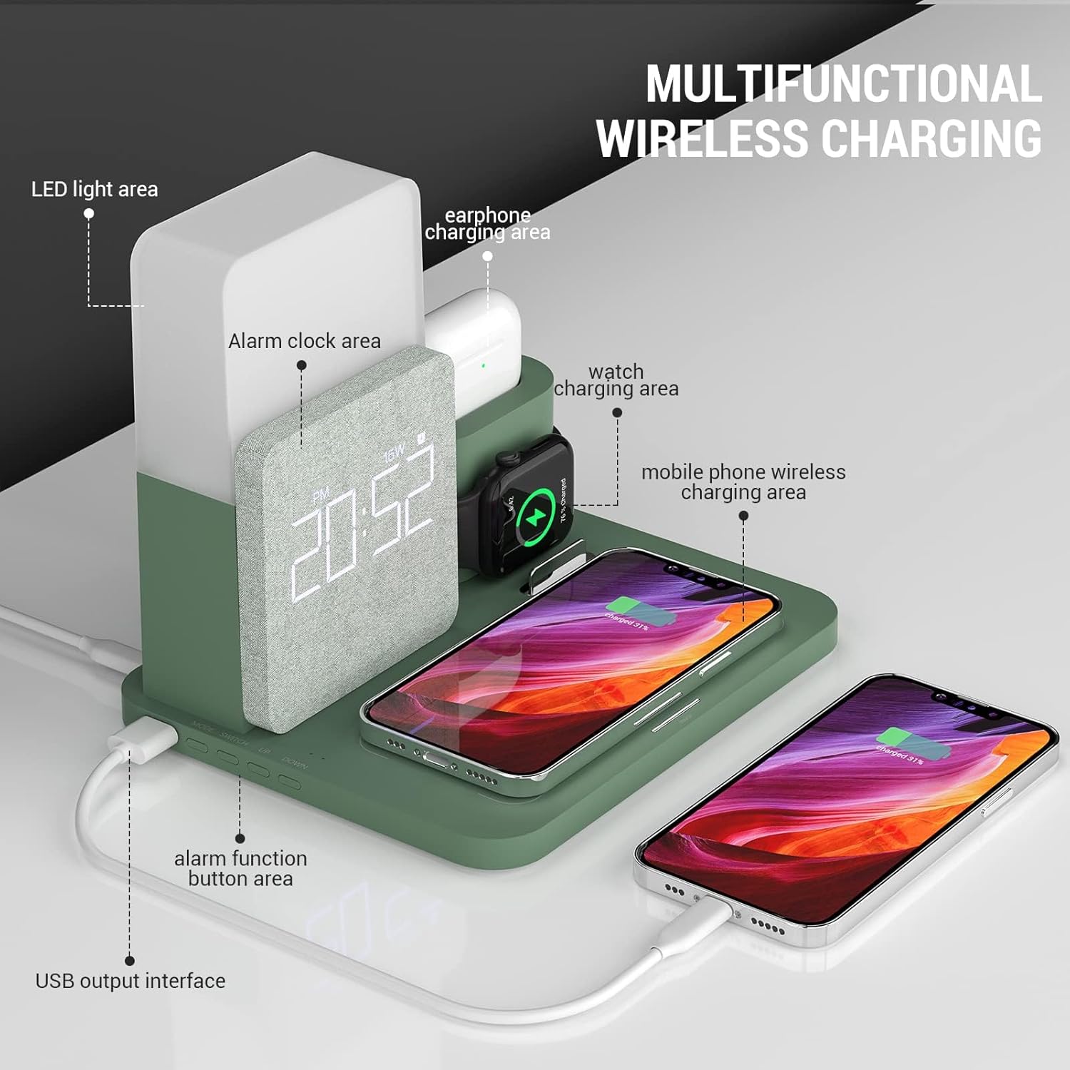 Wireless Charging Station, iPhone 3 in 1 Fast 15W Wireless Charger with Alarm Clock and Night Light, Charging Dock for iPhone 12/13/14/15/16 Pro/Pro Max, Samsung, AirPods