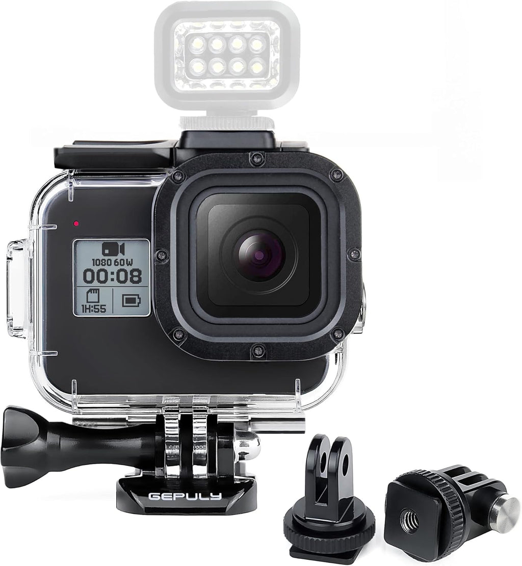 Waterproof Housing Case for GoPro Hero 8 Black - 60M(196ft) Protective Underwater Diving Shell Mount with 2 Cold Shoe Adapters Bracket Accessories Action Camera
