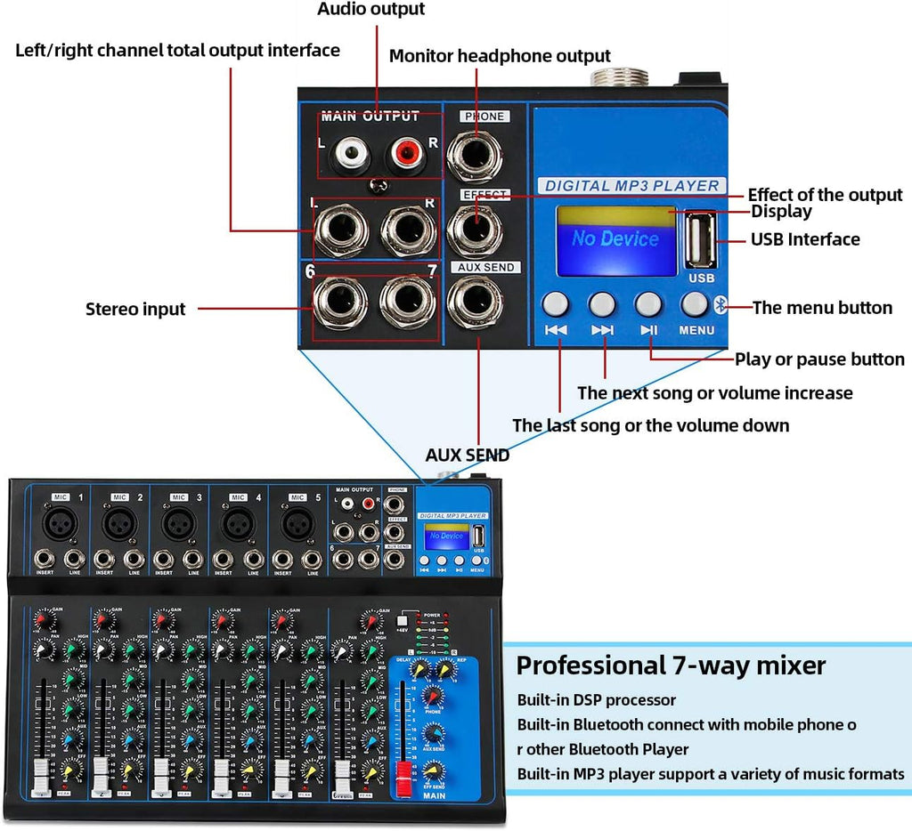 Depusheng HT7 Bluetooth Portable Audio Mixer w/USB DJ Sound Mixing Console MP3 Jack 48V Power for Computer Recording, 7-Channel Bands Mixing Boards For Studio Recording