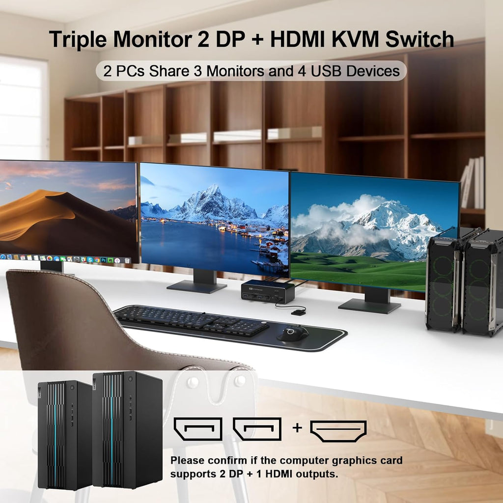 DEMEXBOOK HDMI DisplayPort KVM Switch 3 Monitors 2 Computers 8K@60Hz, 4K@144Hz,Triple Monitor KVM Switches with 4 USB 3.0 Ports, Wired Remote, USB3.0 Cables，Power Adapter Included