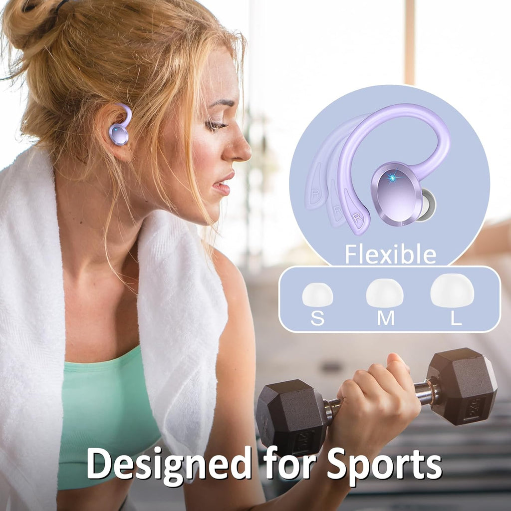 Wireless Earbud, Bluetooth 5.4 Headphones IP7 Waterproof for Sport, 48H Running Wireless Earphones with ENC Noise Cancelling Mic, Deep Bass Over Ear bud with Earhooks for Android, iOS, Workout, Purple