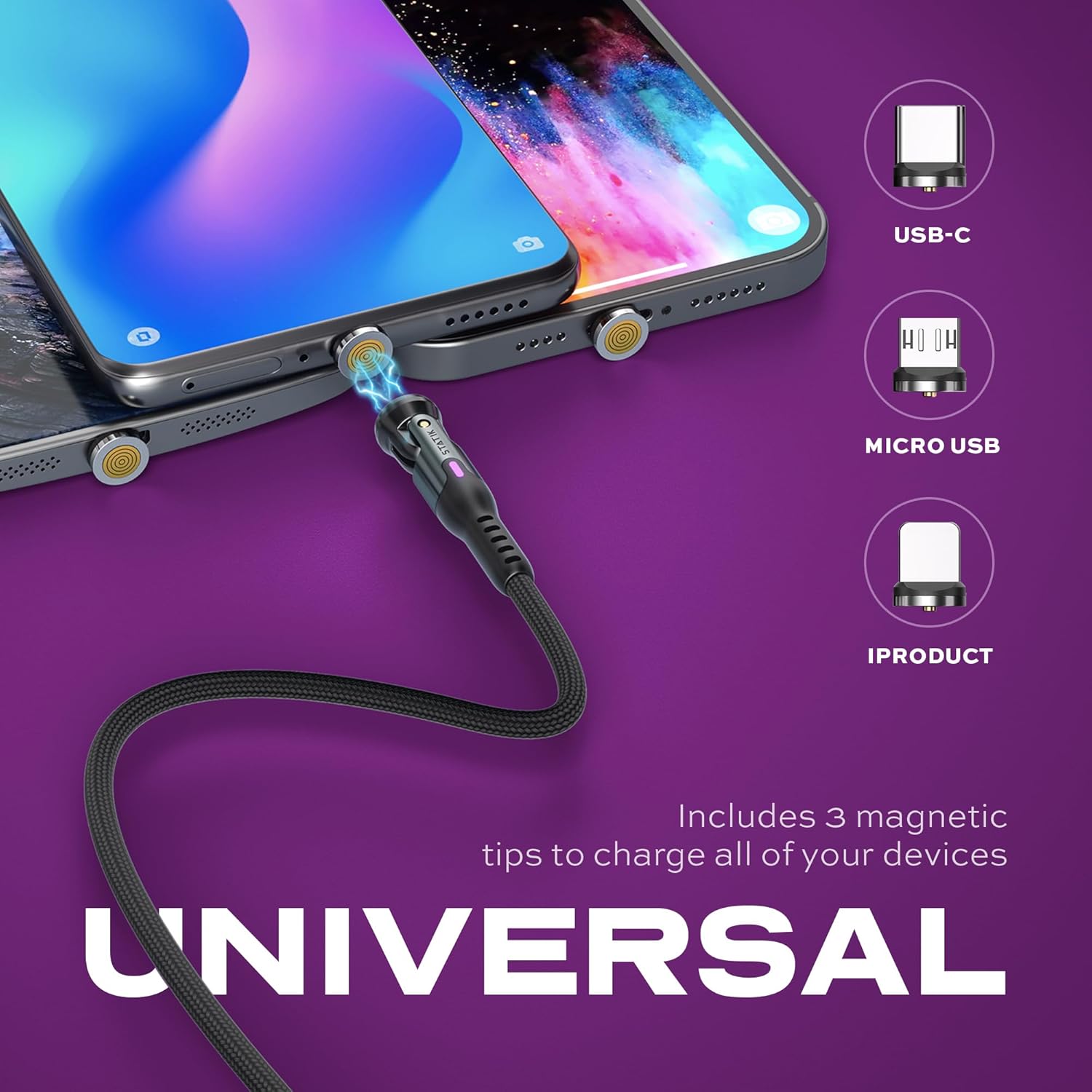Statik 360 Pro Magnetic Charging Cable - Type C Charger Fast Charging 3 in 1 USB C to USB C Cable, Micro USB & iProduct Tips, USB A Adapter, Fits All Devices - 100W Fast Charger, Black 10FT, 3 Pack