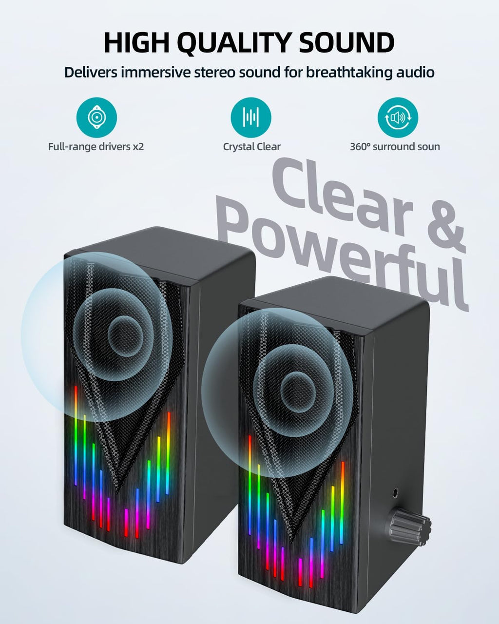 Computer Speakers with 6 Colorful RGB Lights,USB Powered 3.5mm Aux with Loud Stereo Sound,Headphone-in for Desktop,PC/Laptop/Tablet Phone