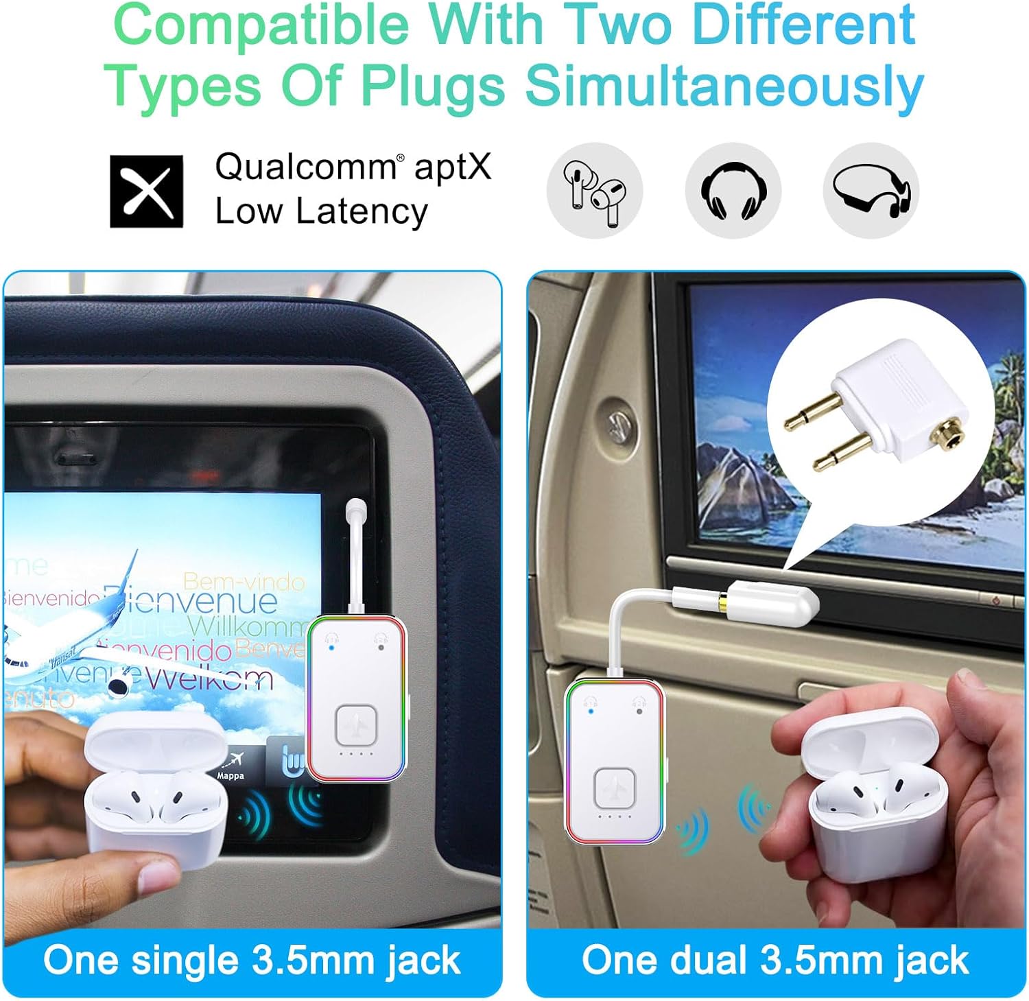 Bluetooth Transmitter for Airplane,Bluetooth V5.4 Transmitter for 2 Airpods/Headphones Dual Pairs.Wireless Transmitter for in-Flight/TV/Gym,with AptX LL,Metal Frame